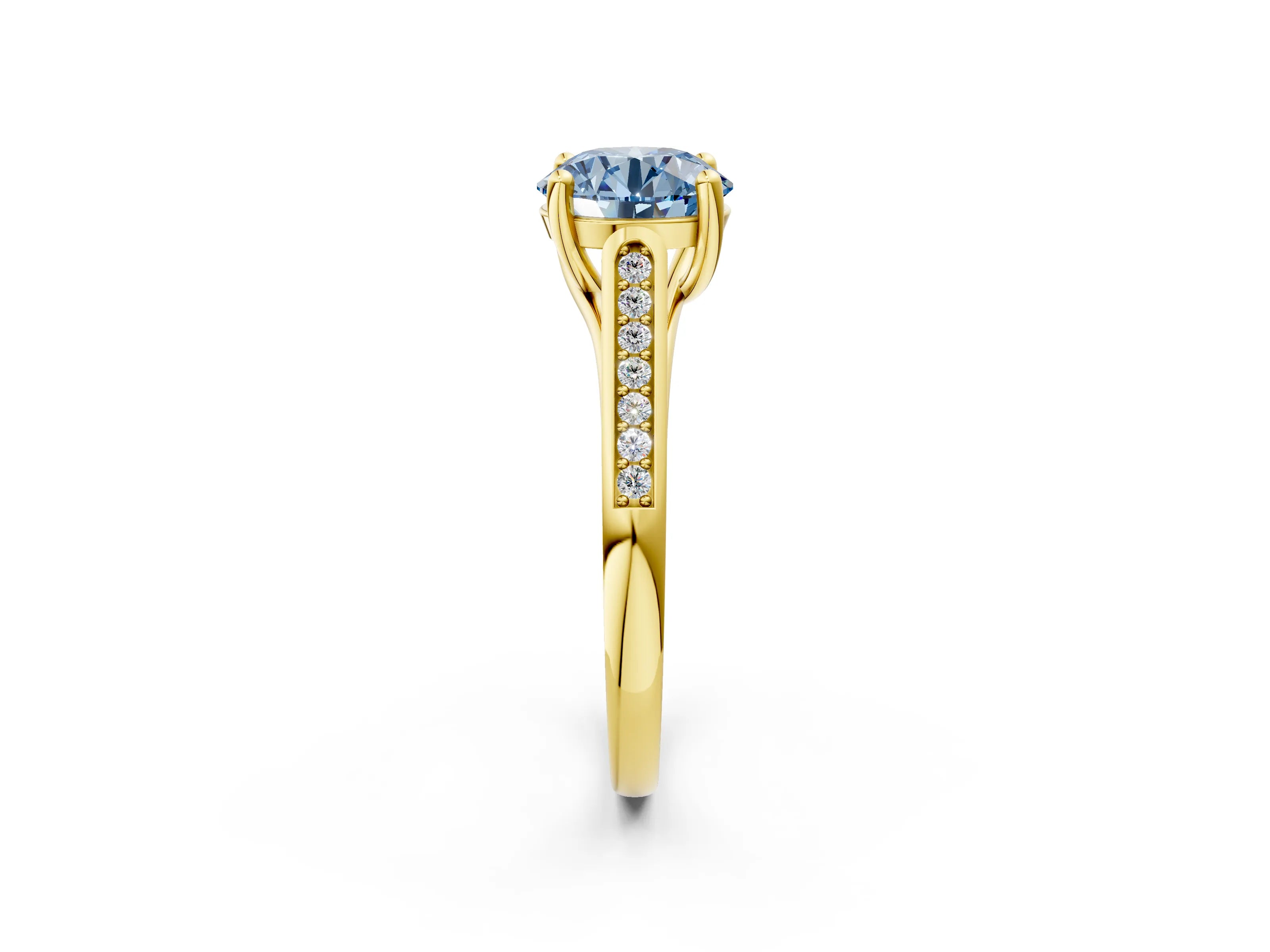 Yellow gold Fancy Blue Round Cut Solitaire Cathedral Diamond Engagement Ring with Channel-Set Band and Four-Prong Setting_5
