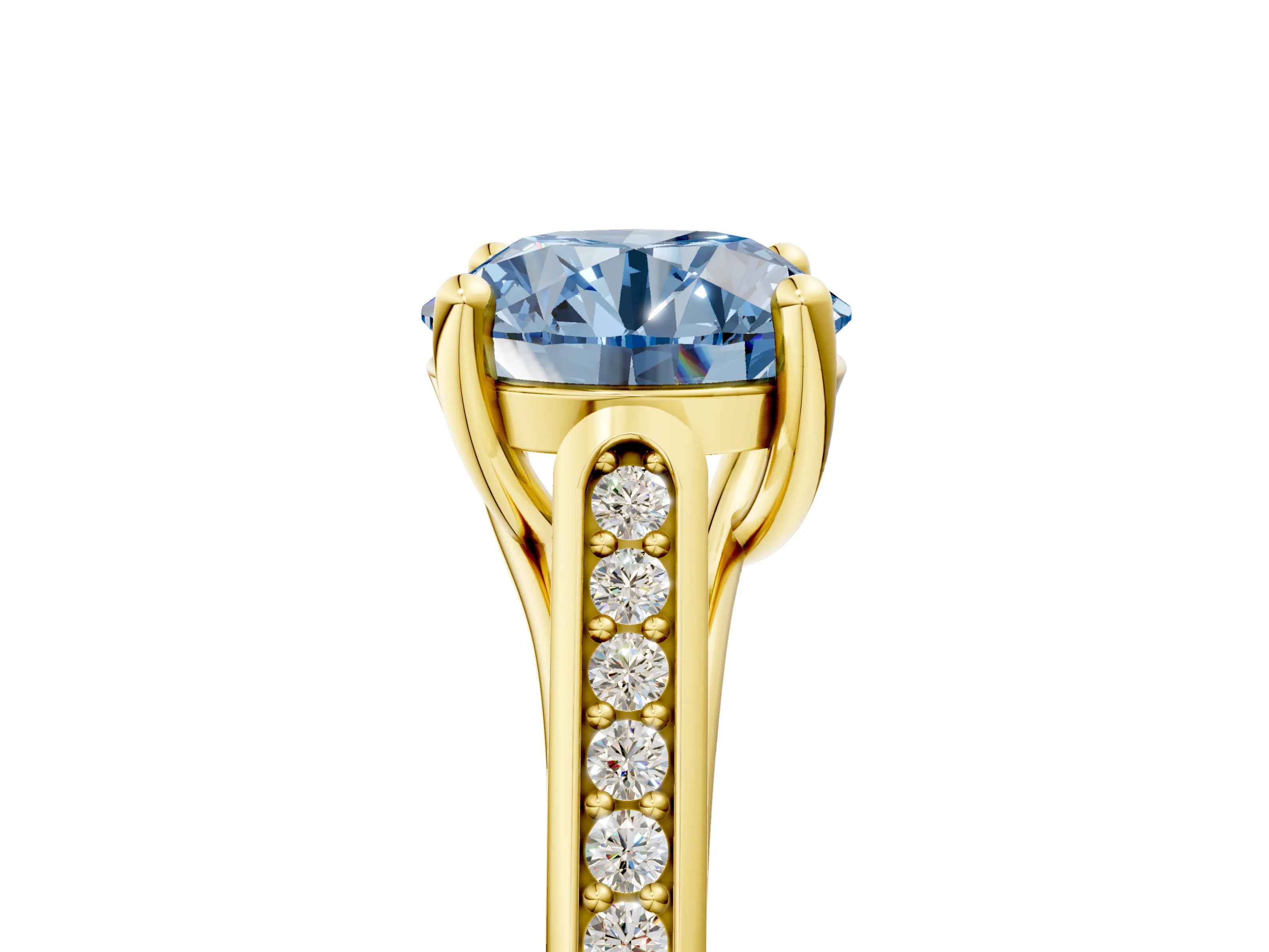 Yellow gold Fancy Blue Round Cut Solitaire Cathedral Diamond Engagement Ring with Channel-Set Band and Four-Prong Setting_8