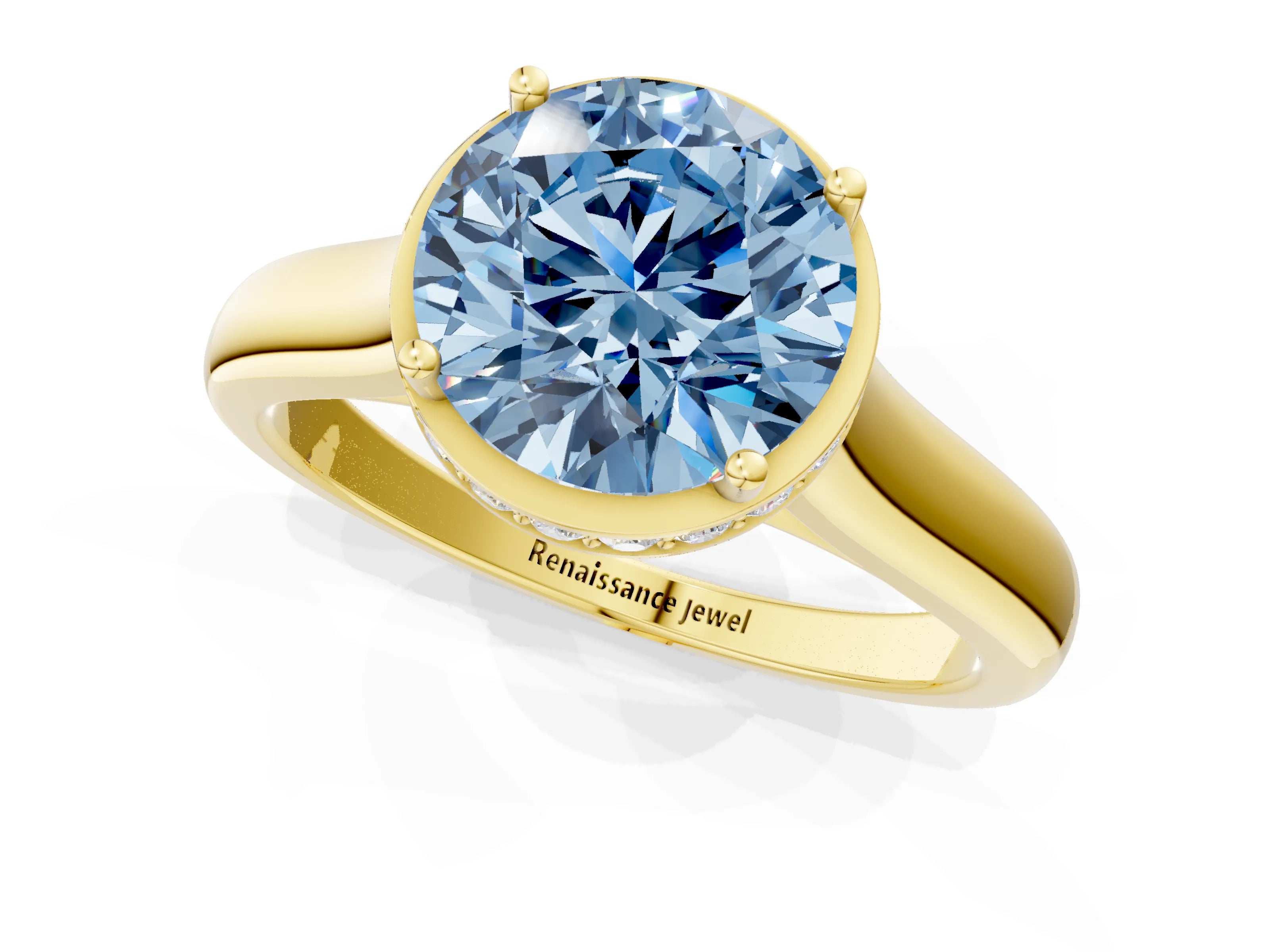 Yellow gold Fancy Blue Round Cut Solitaire Diamond Engagement Ring with Four-Prong Setting and Tapered Band_1