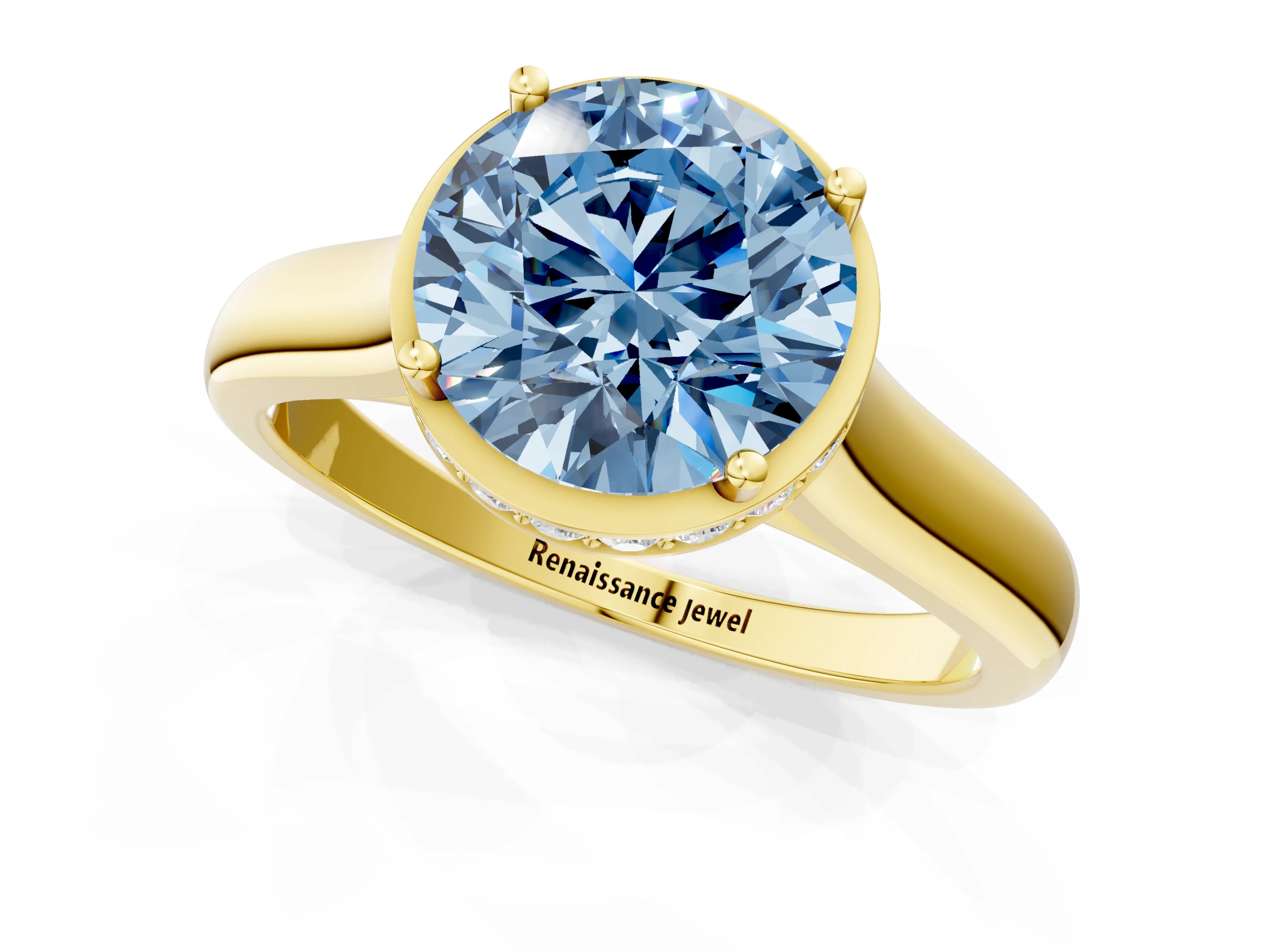 Yellow gold Fancy Blue Round Cut Solitaire Diamond Engagement Ring with Four-Prong Setting and Tapered Band_3