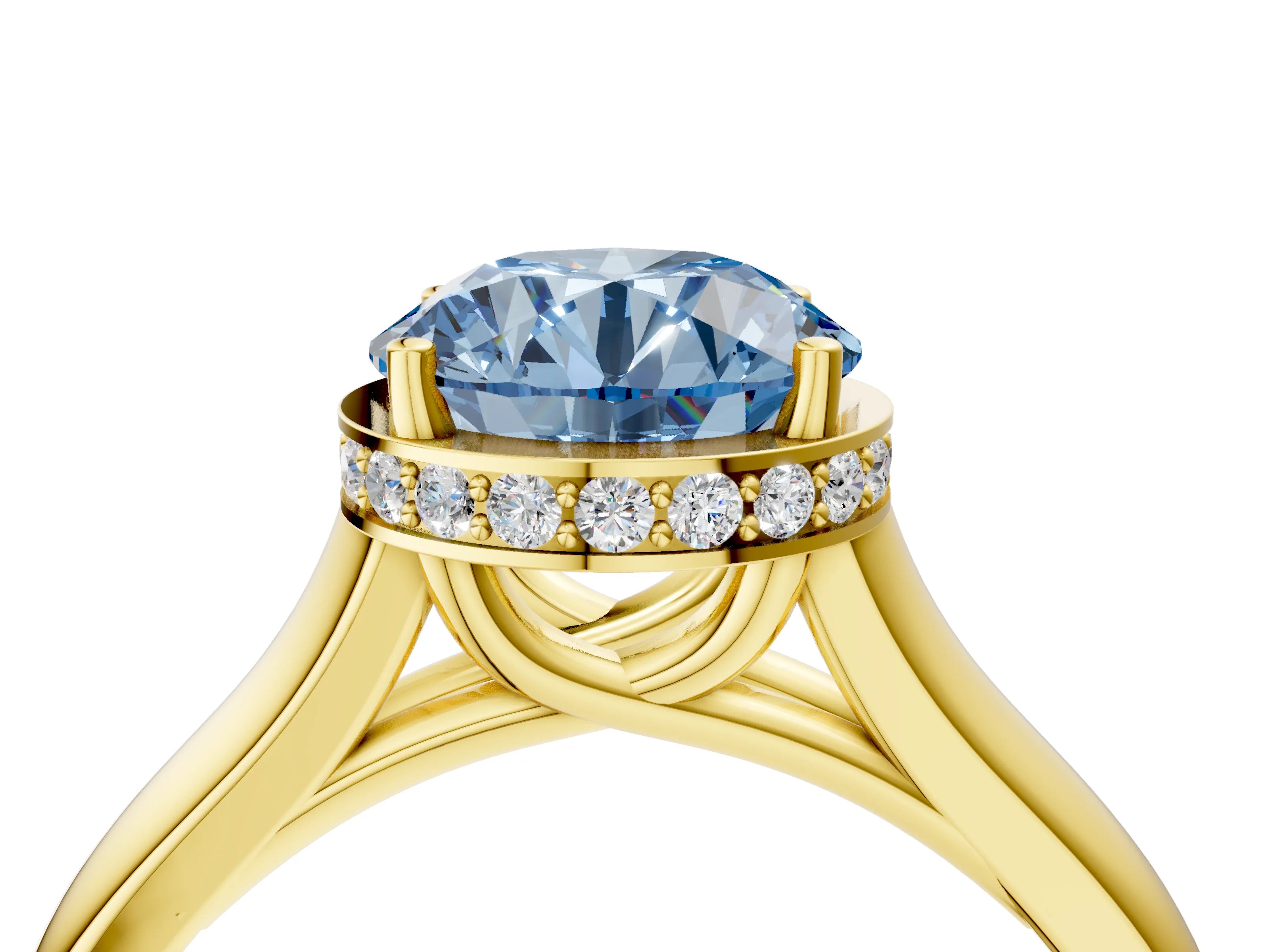Yellow gold Fancy Blue Round Cut Solitaire Diamond Engagement Ring with Four-Prong Setting and Tapered Band_4