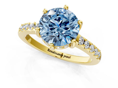Yellow gold Fancy Blue Round Cut Solitaire Diamond Engagement Ring with Pavé Band and Six-Prong Setting_1