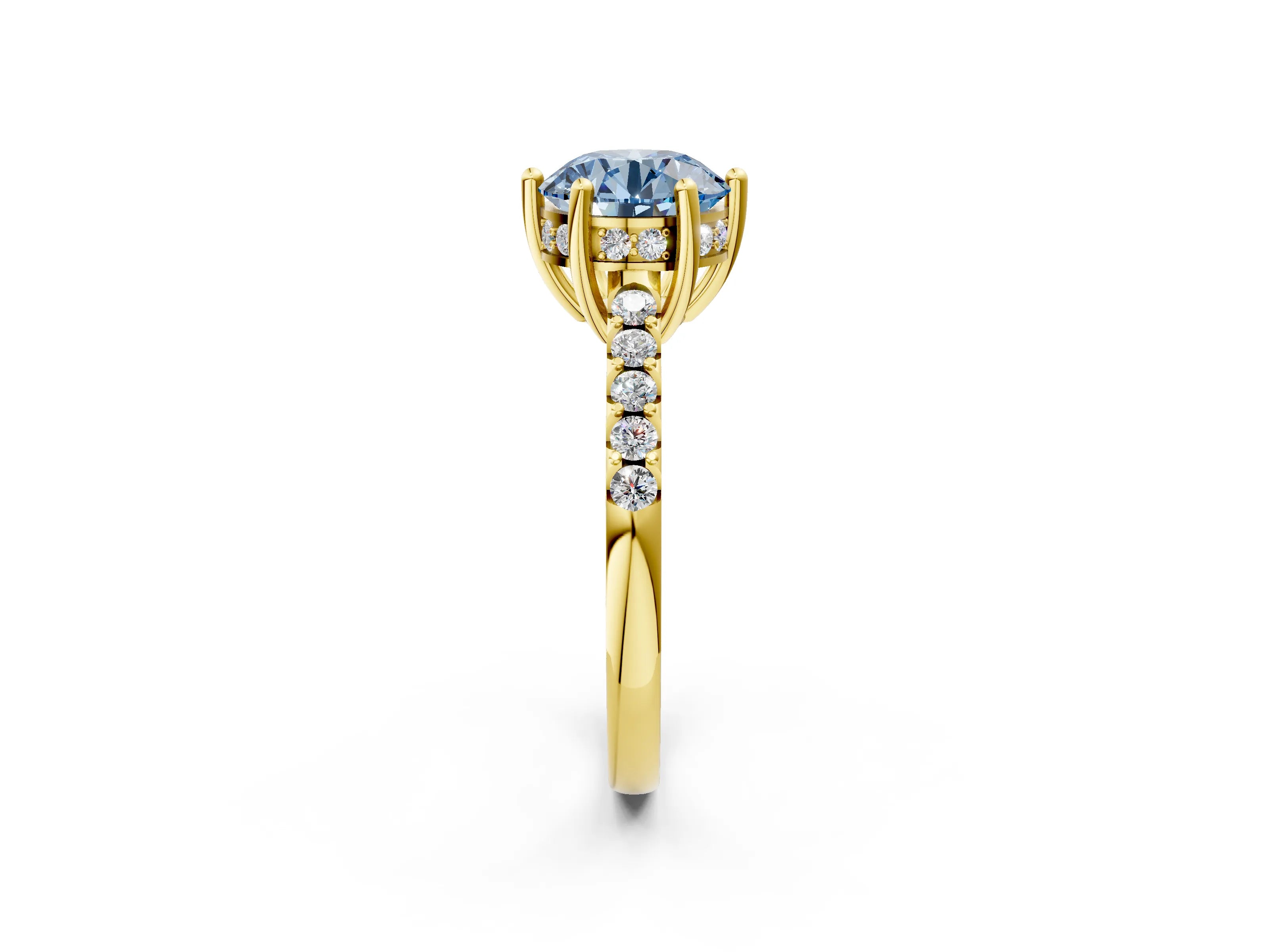 Yellow gold Fancy Blue Round Cut Solitaire Diamond Engagement Ring with Pavé Band and Six-Prong Setting_2