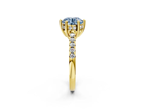Yellow gold Fancy Blue Round Cut Solitaire Diamond Engagement Ring with Pavé Band and Six-Prong Setting_2