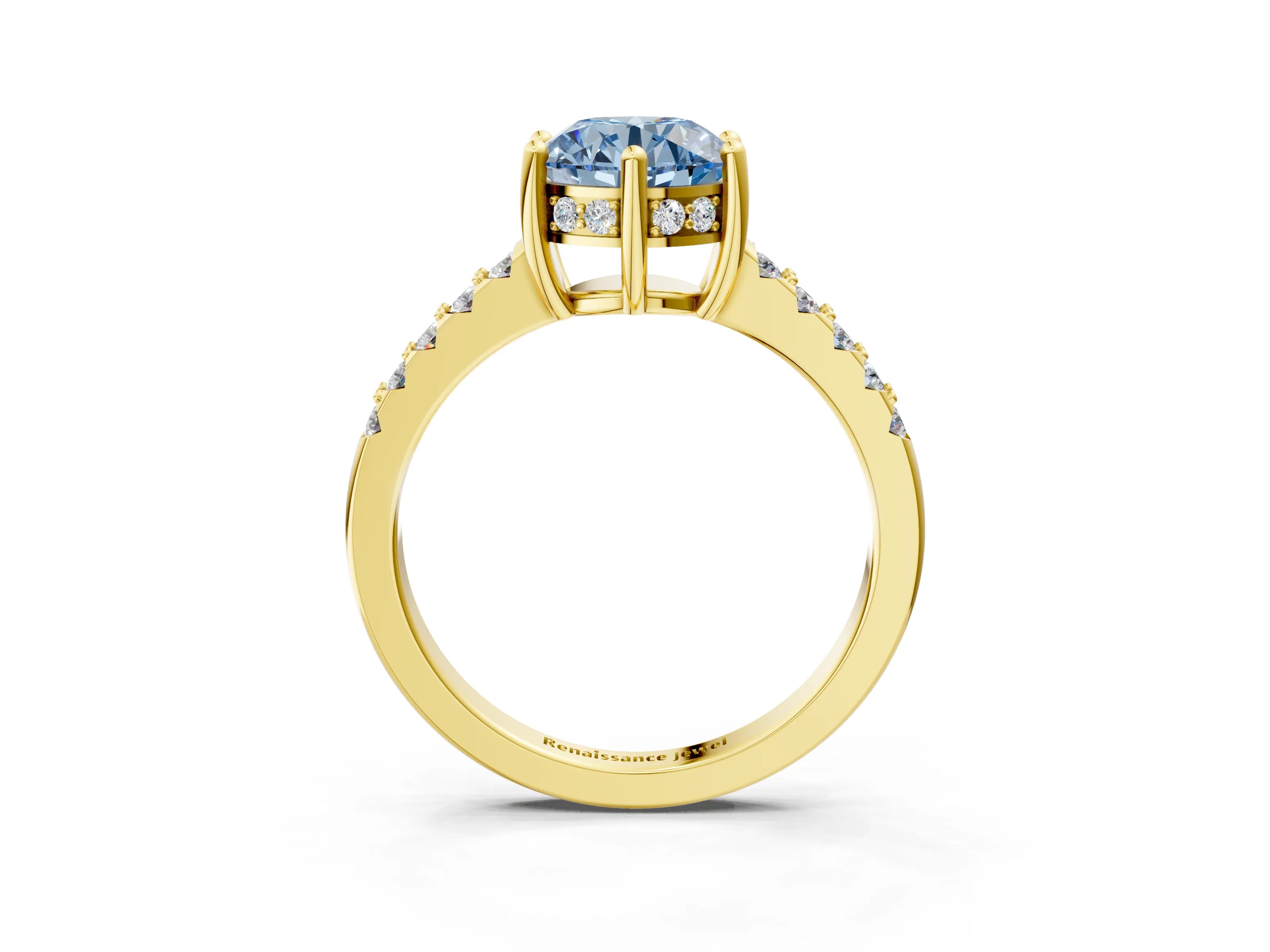 Yellow gold Fancy Blue Round Cut Solitaire Diamond Engagement Ring with Pavé Band and Six-Prong Setting_3