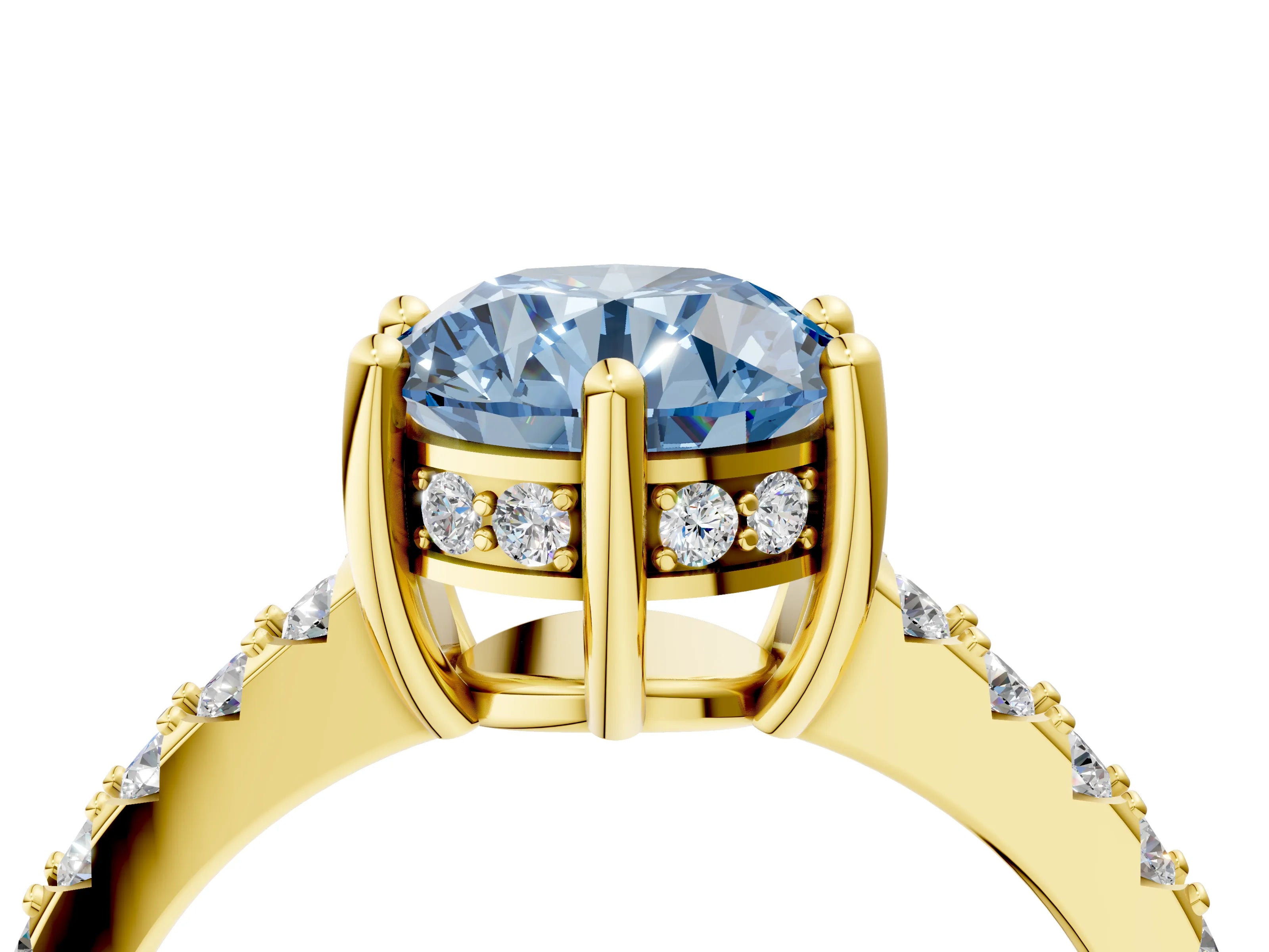 Yellow gold Fancy Blue Round Cut Solitaire Diamond Engagement Ring with Pavé Band and Six-Prong Setting_4