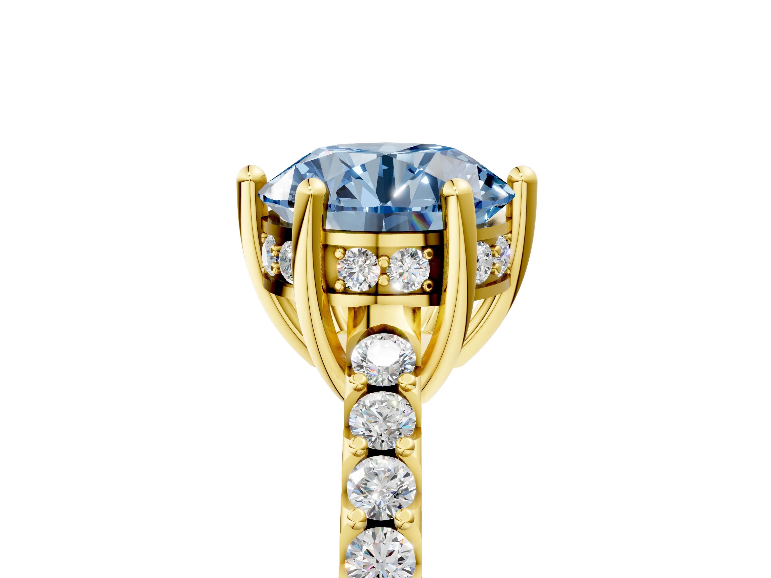 Yellow gold Fancy Blue Round Cut Solitaire Diamond Engagement Ring with Pavé Band and Six-Prong Setting_5