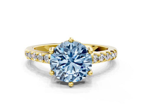 Yellow gold Fancy Blue Round Cut Solitaire Diamond Engagement Ring with Pavé Band and Six-Prong Setting