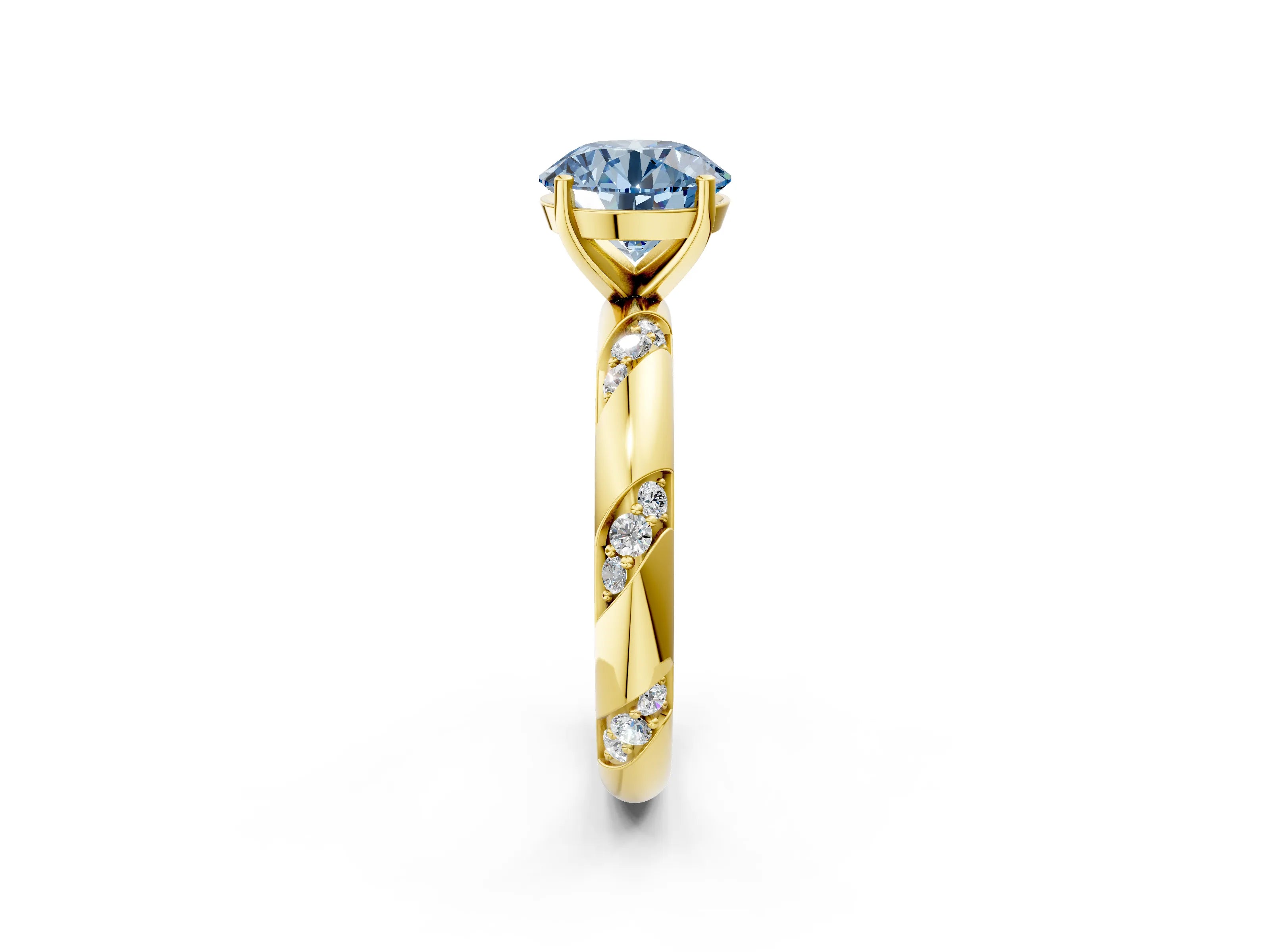 Yellow gold Fancy Blue Round Cut Solitaire Diamond Engagement Ring with Twisted Pave Band and Four-Prong Setting_5
