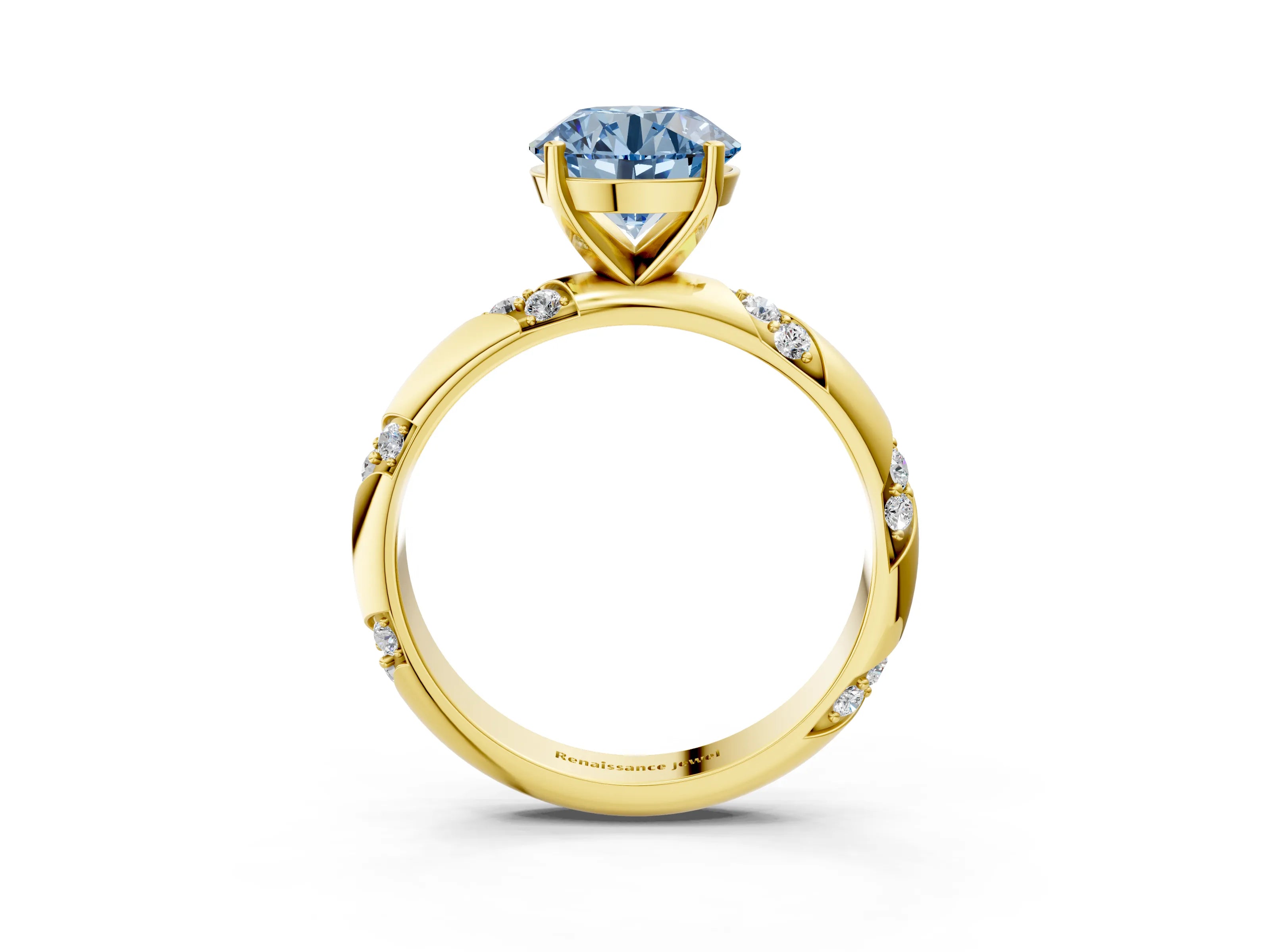 Yellow gold Fancy Blue Round Cut Solitaire Diamond Engagement Ring with Twisted Pave Band and Four-Prong Setting_6