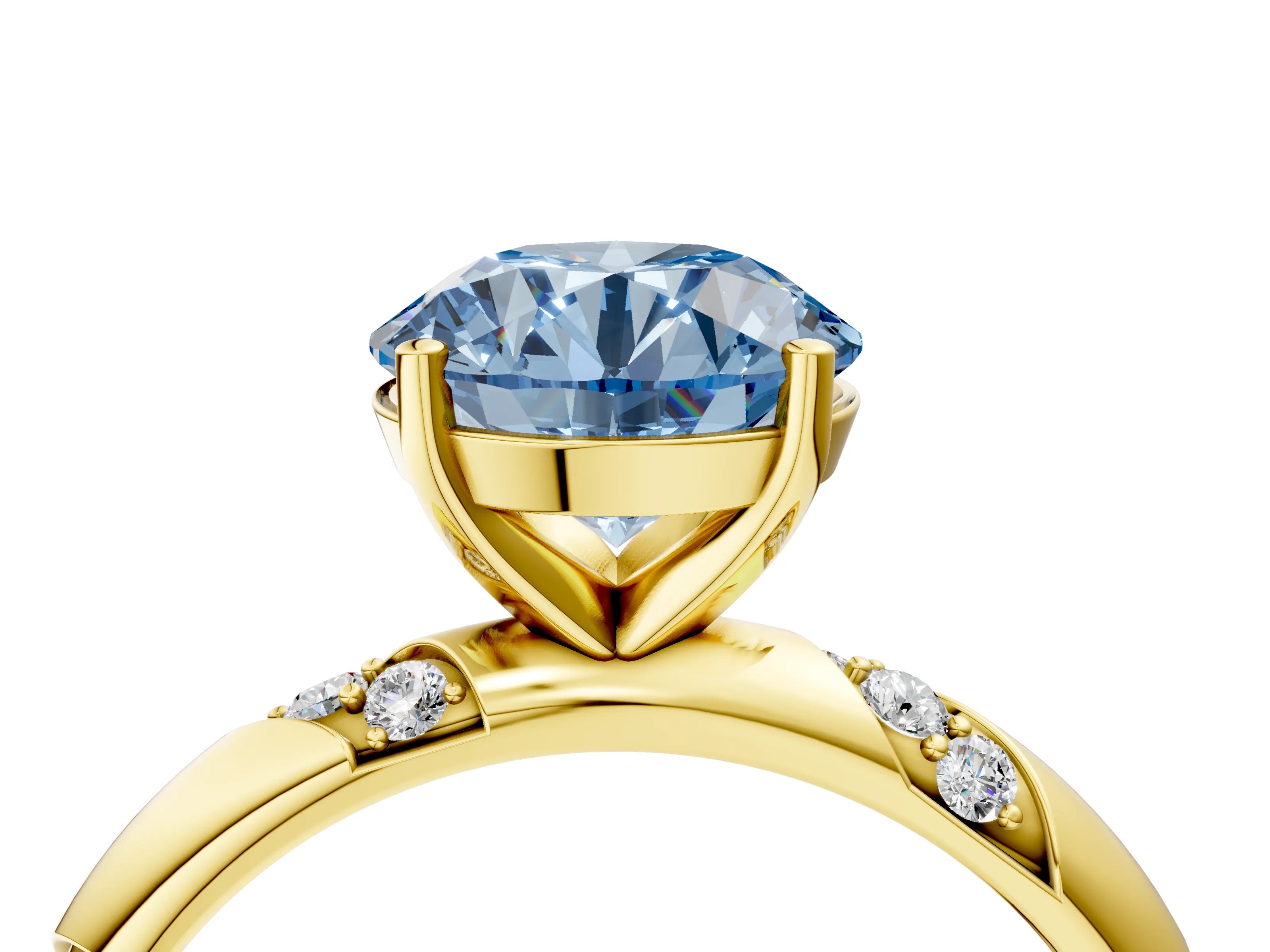 Yellow gold Fancy Blue Round Cut Solitaire Diamond Engagement Ring with Twisted Pave Band and Four-Prong Setting_7