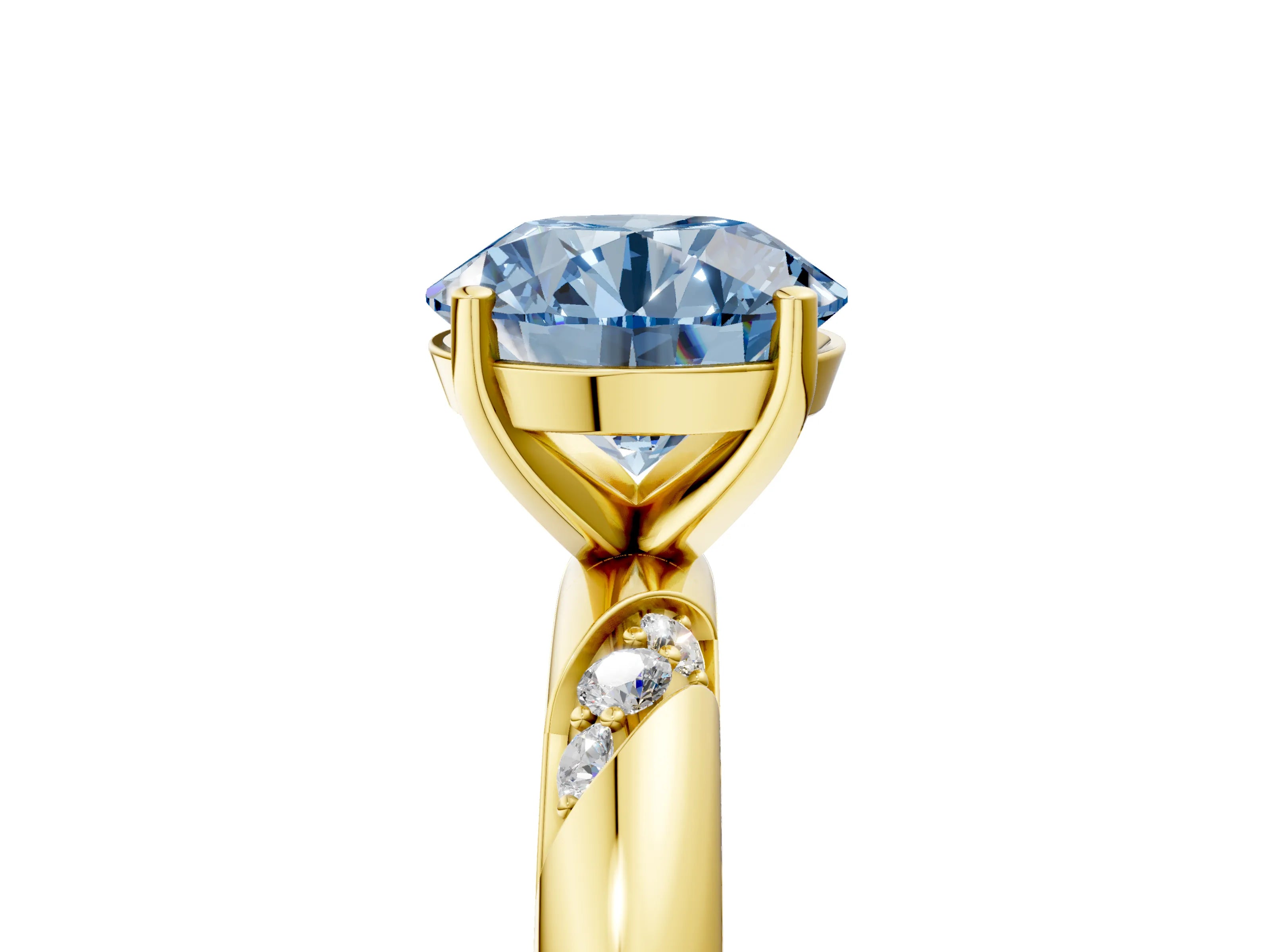 Yellow gold Fancy Blue Round Cut Solitaire Diamond Engagement Ring with Twisted Pave Band and Four-Prong Setting_8