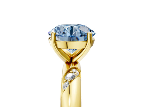 Yellow gold Fancy Blue Round Cut Solitaire Diamond Engagement Ring with Twisted Pave Band and Four-Prong Setting_8