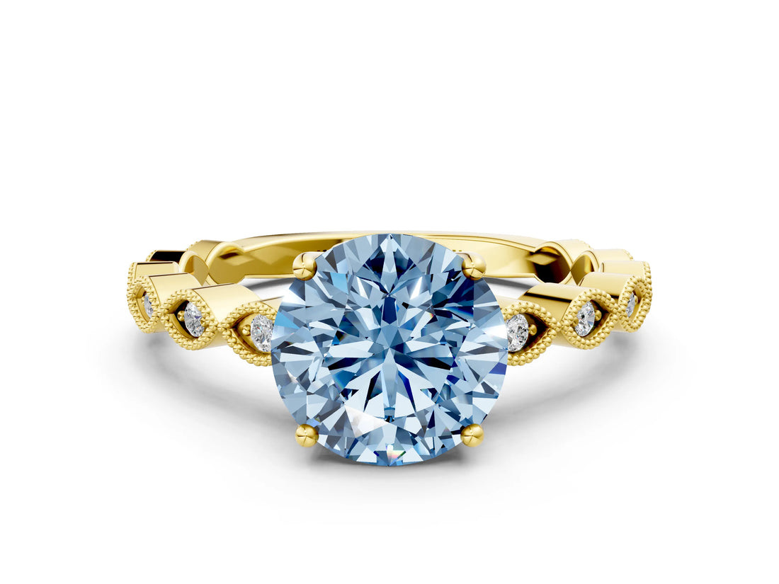 Yellow gold Fancy Blue Round Cut Solitaire Diamond Ring with Infinity Twist Band and Four-Prong Setting_12