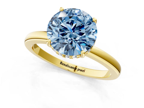 Yellow gold Fancy Blue Round Cut Solitaire Diamond Ring with Prong Setting and Plain Band_1