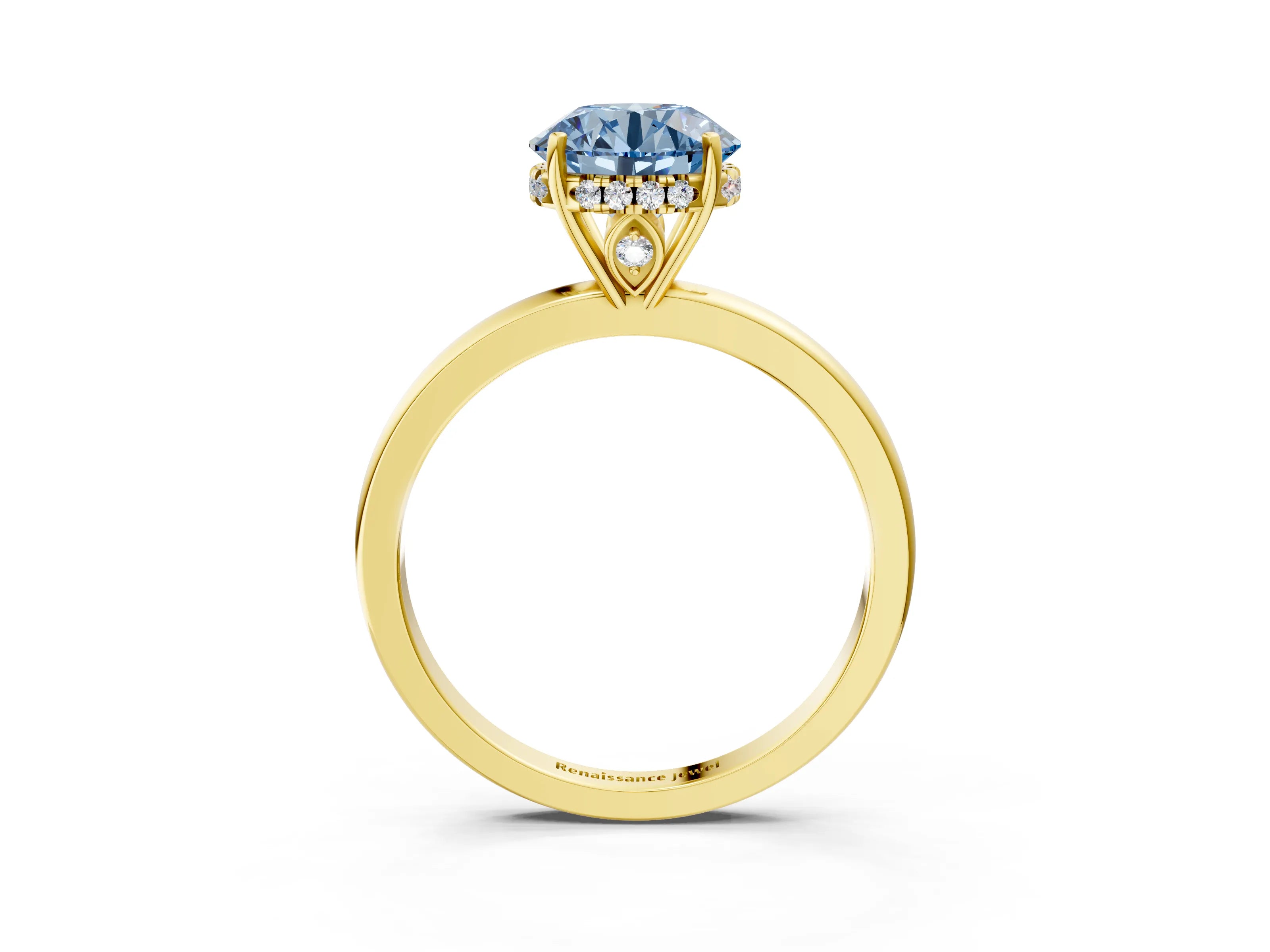 Yellow gold Fancy Blue Round Cut Solitaire Diamond Ring with Prong Setting and Plain Band_3