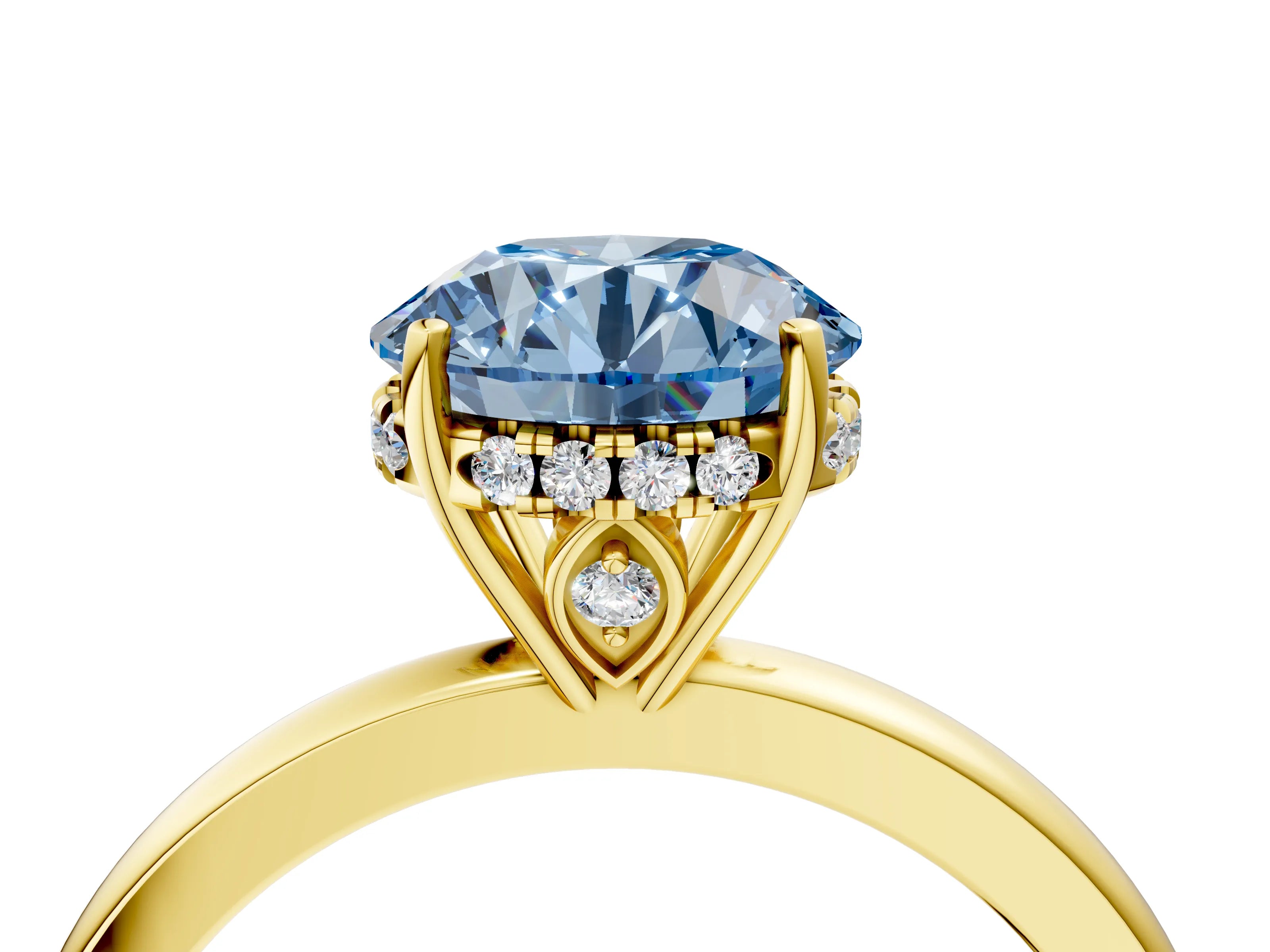 Yellow gold Fancy Blue Round Cut Solitaire Diamond Ring with Prong Setting and Plain Band_4