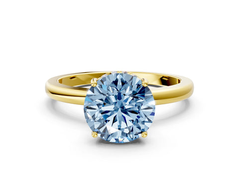 Yellow gold Fancy Blue Round Cut Solitaire Diamond Ring with Prong Setting and Plain Band