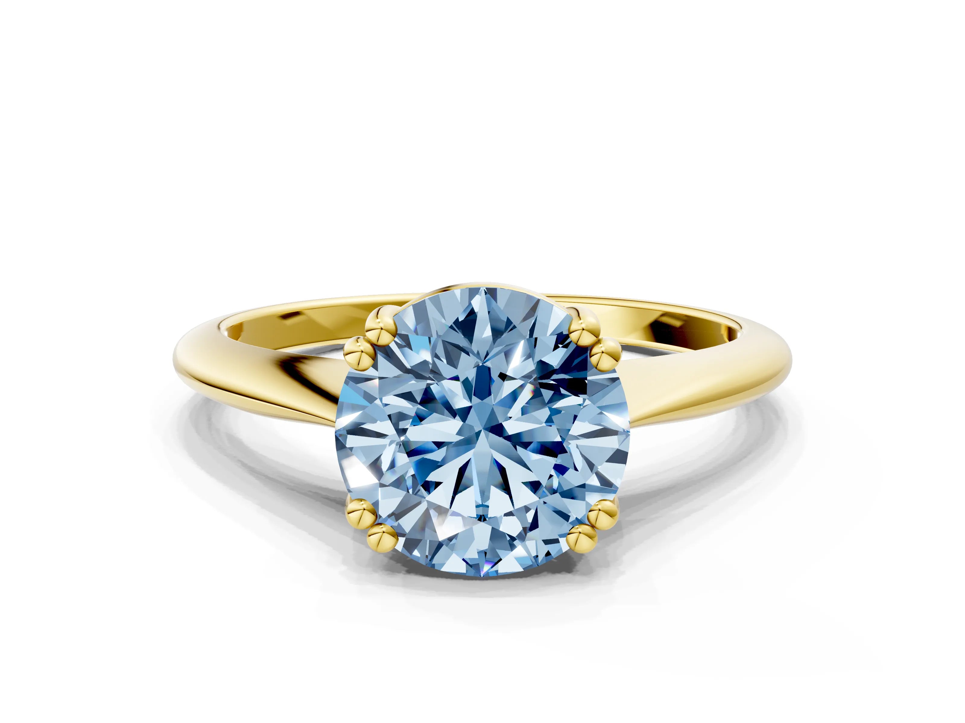Yellow gold Fancy Blue Round Cut Solitaire Diamond Ring with Six-Prong Setting and Classic Band