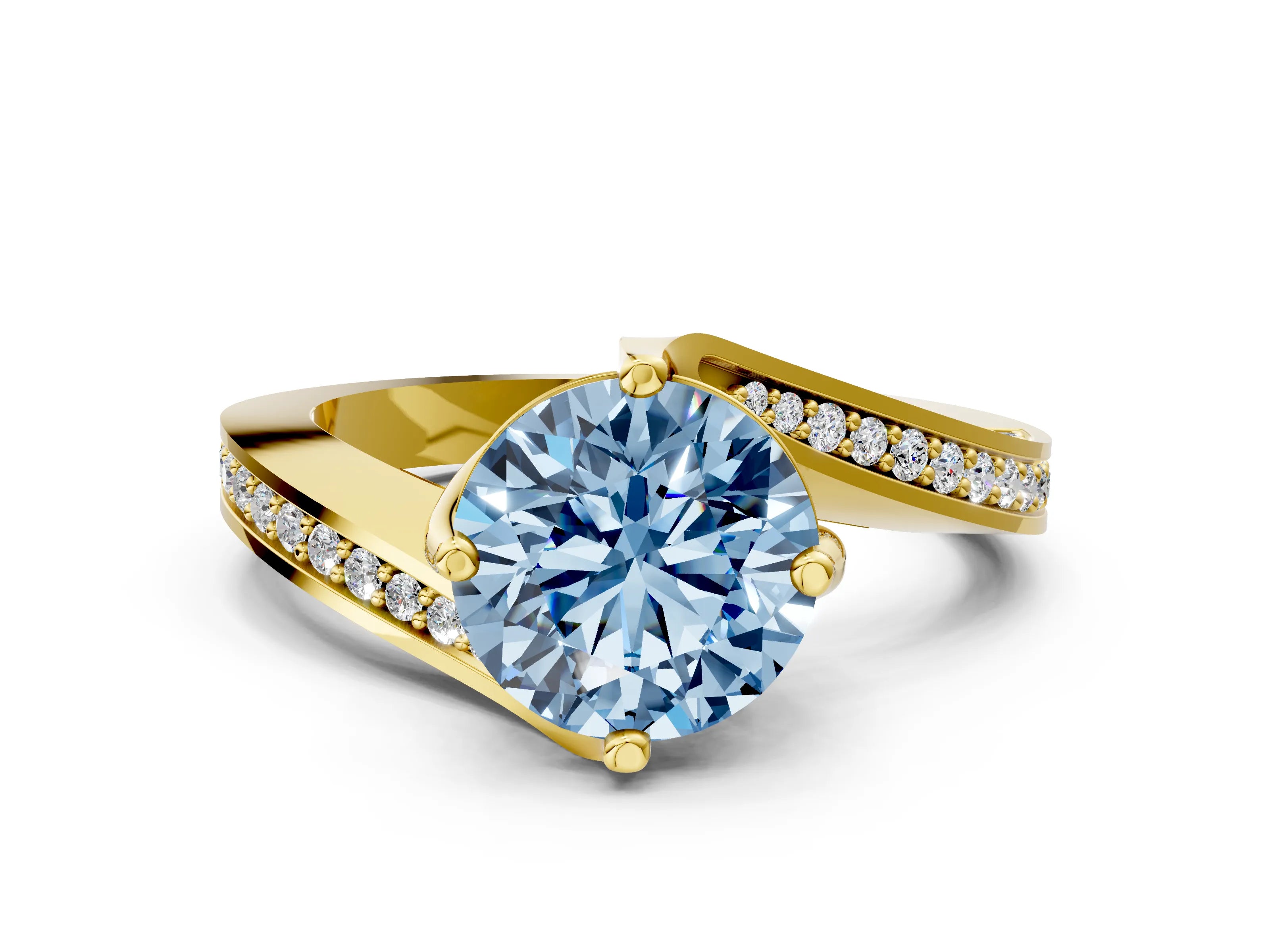 Yellow gold Fancy Blue Round Cut Solitaire Diamond Twist Band with Pavé Setting and Four-Prong Setting