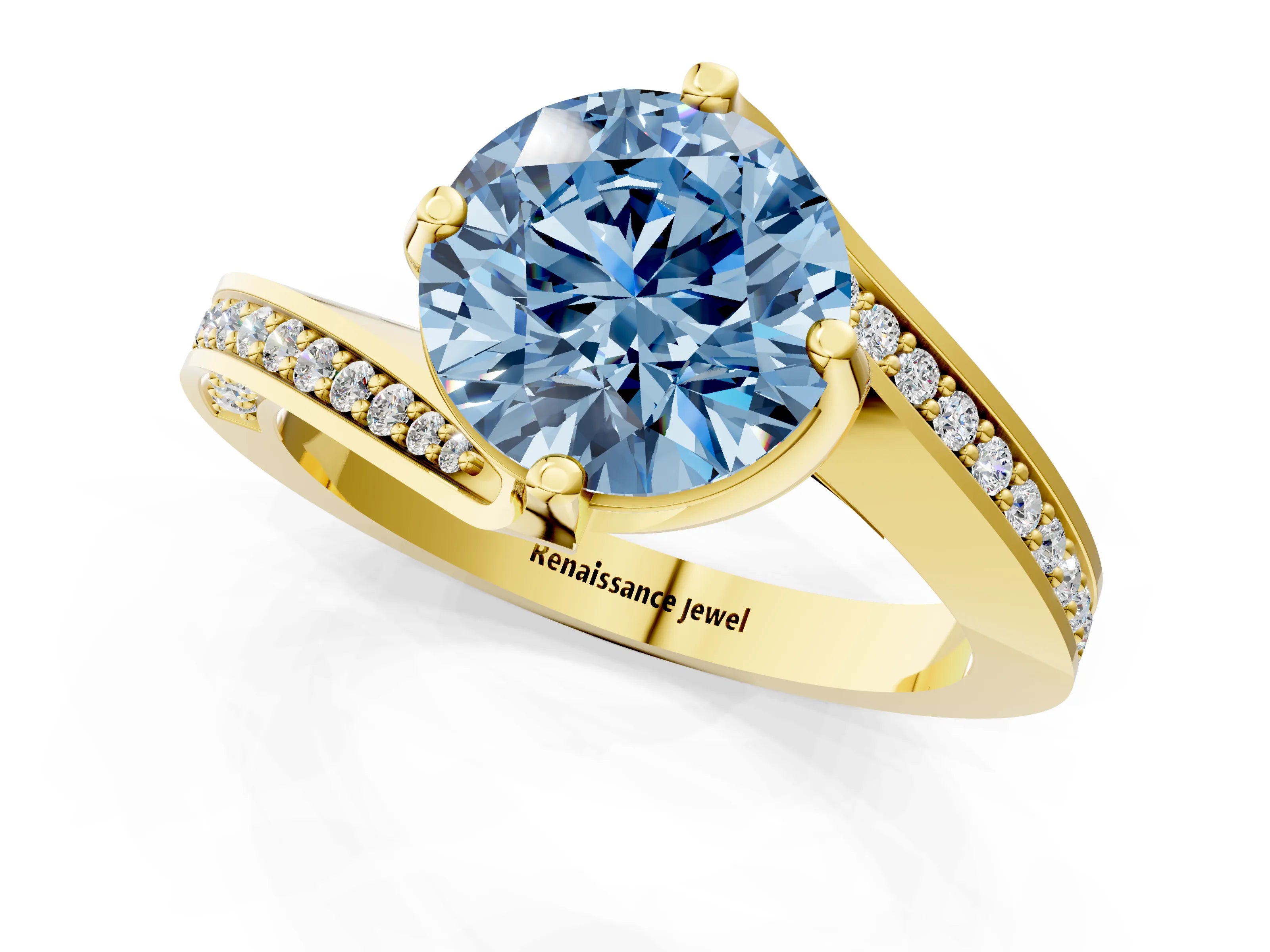 Yellow gold Fancy Blue Round Cut Solitaire Diamond Twist Band with Pavé Setting and Four-Prong Setting_1