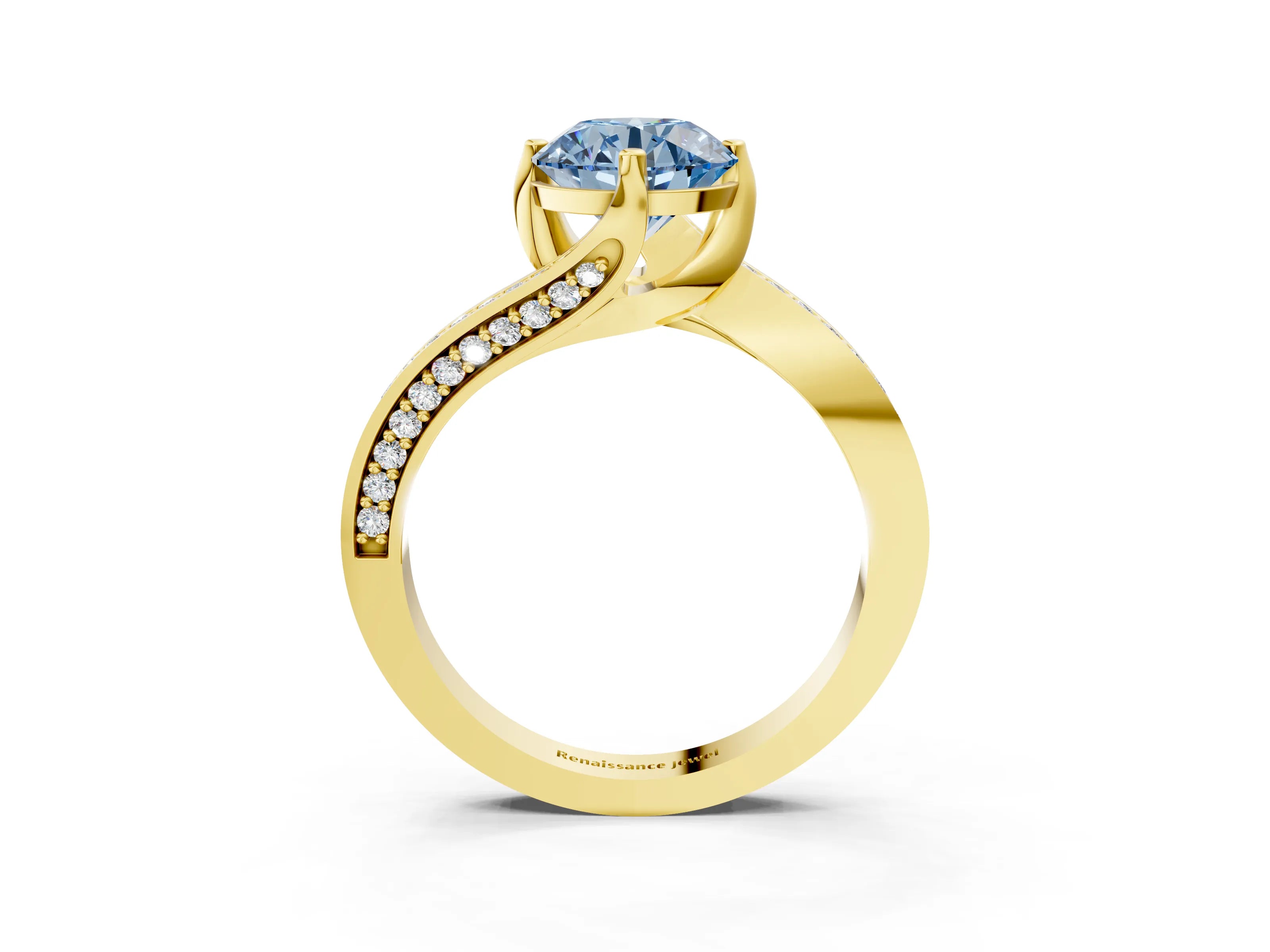 Yellow gold Fancy Blue Round Cut Solitaire Diamond Twist Band with Pavé Setting and Four-Prong Setting_3