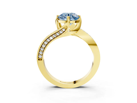Yellow gold Fancy Blue Round Cut Solitaire Diamond Twist Band with Pavé Setting and Four-Prong Setting_3