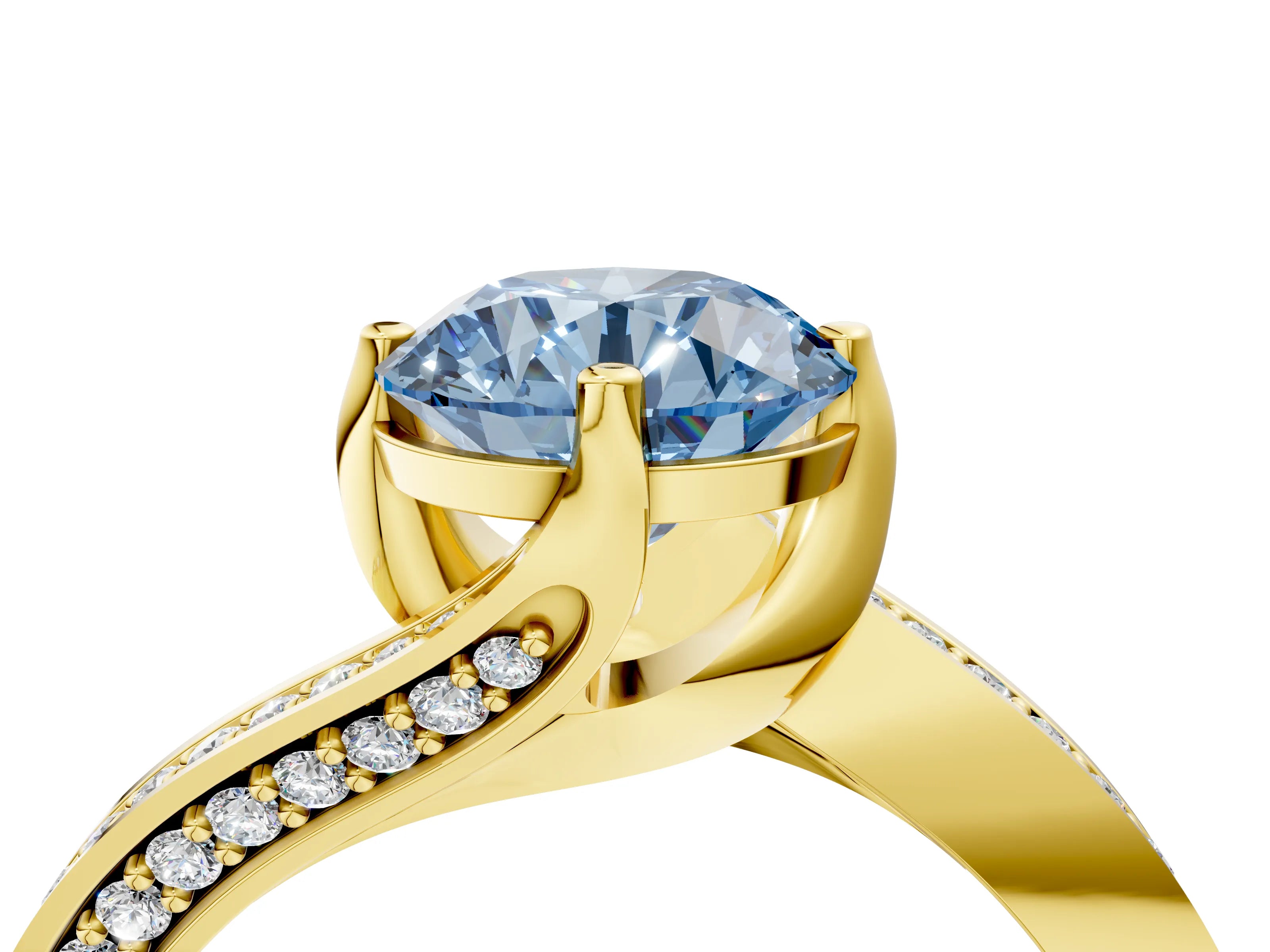 Yellow gold Fancy Blue Round Cut Solitaire Diamond Twist Band with Pavé Setting and Four-Prong Setting_4