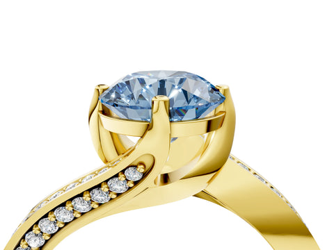Yellow gold Fancy Blue Round Cut Solitaire Diamond Twist Band with Pavé Setting and Four-Prong Setting_4