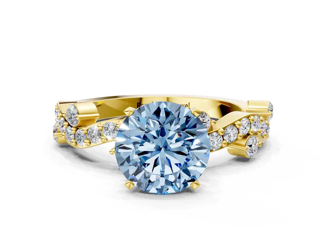 Yellow gold Fancy Blue Round  Cut Solitaire Diamond Twisted Band with Pave Setting_47