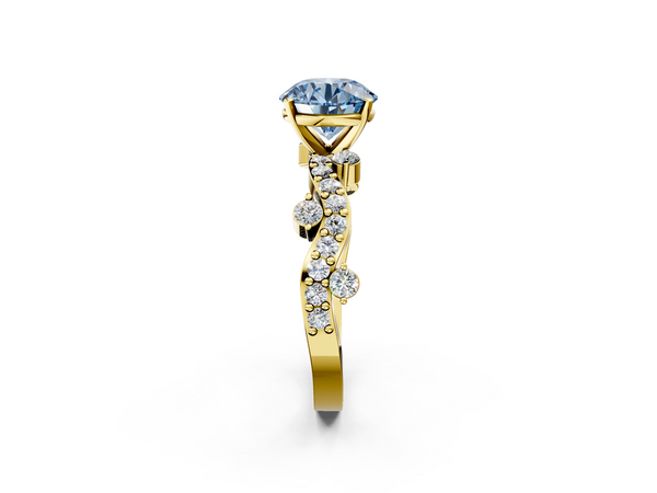 Yellow Gold Round Solitaire Engagement Ring Setting for Fancy Blue Center with Twisted Pave Band and Bar Stations