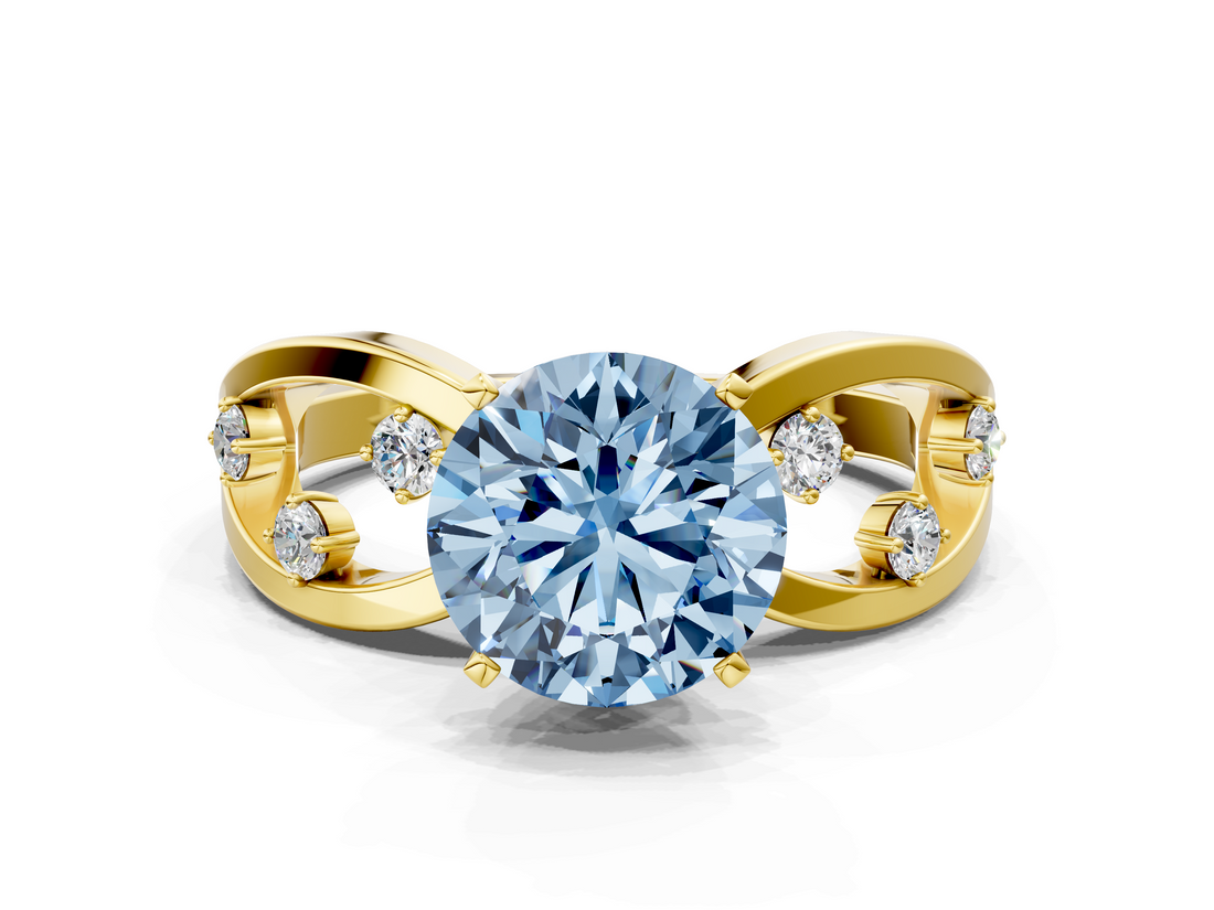 Yellow gold Fancy Blue Round  Cut Solitaire Diamond with Side Stones on Criss-Cross Band and Four-Prong Setting_3
