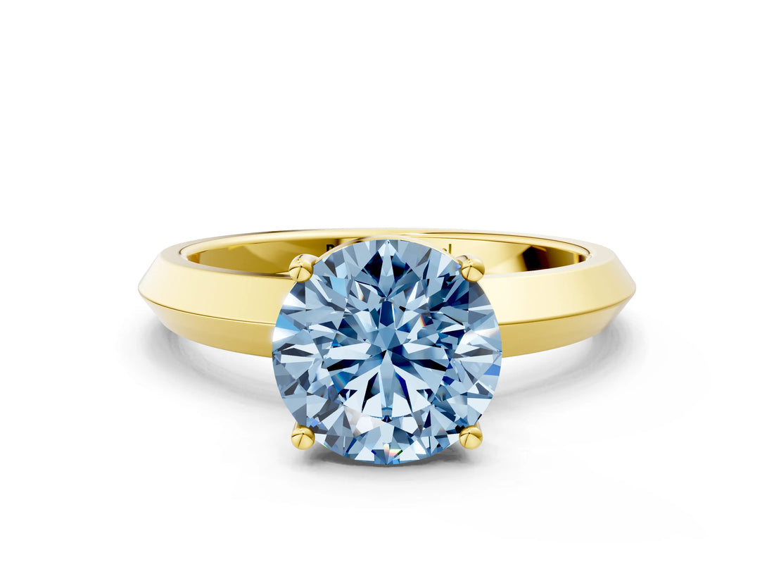 Yellow gold Fancy Blue Round  Cut Solitaire Engagement Ring with Flat Band and Four-Prong Setting 2
