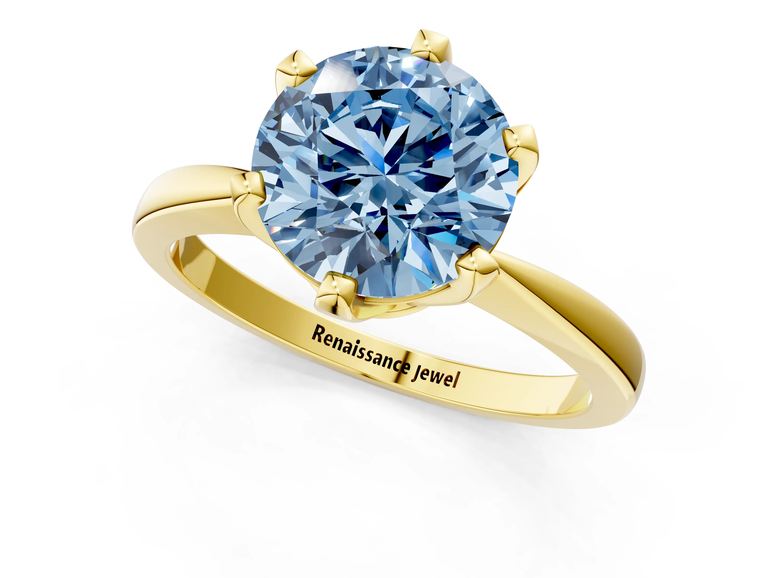 Yellow gold Fancy Blue Round Cut Solitaire Engagement Ring with Six-Prong Setting and Tapered Band_1