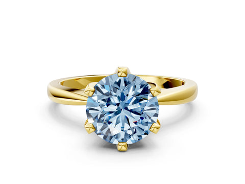 Yellow gold Fancy Blue Round Cut Solitaire Engagement Ring with Six-Prong Setting and Tapered Band