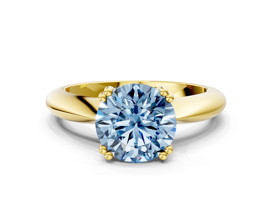 Yellow gold Fancy Blue Round  Cut Solitaire Engagement Ring with Tapered Band and Four-Prong Setting 1