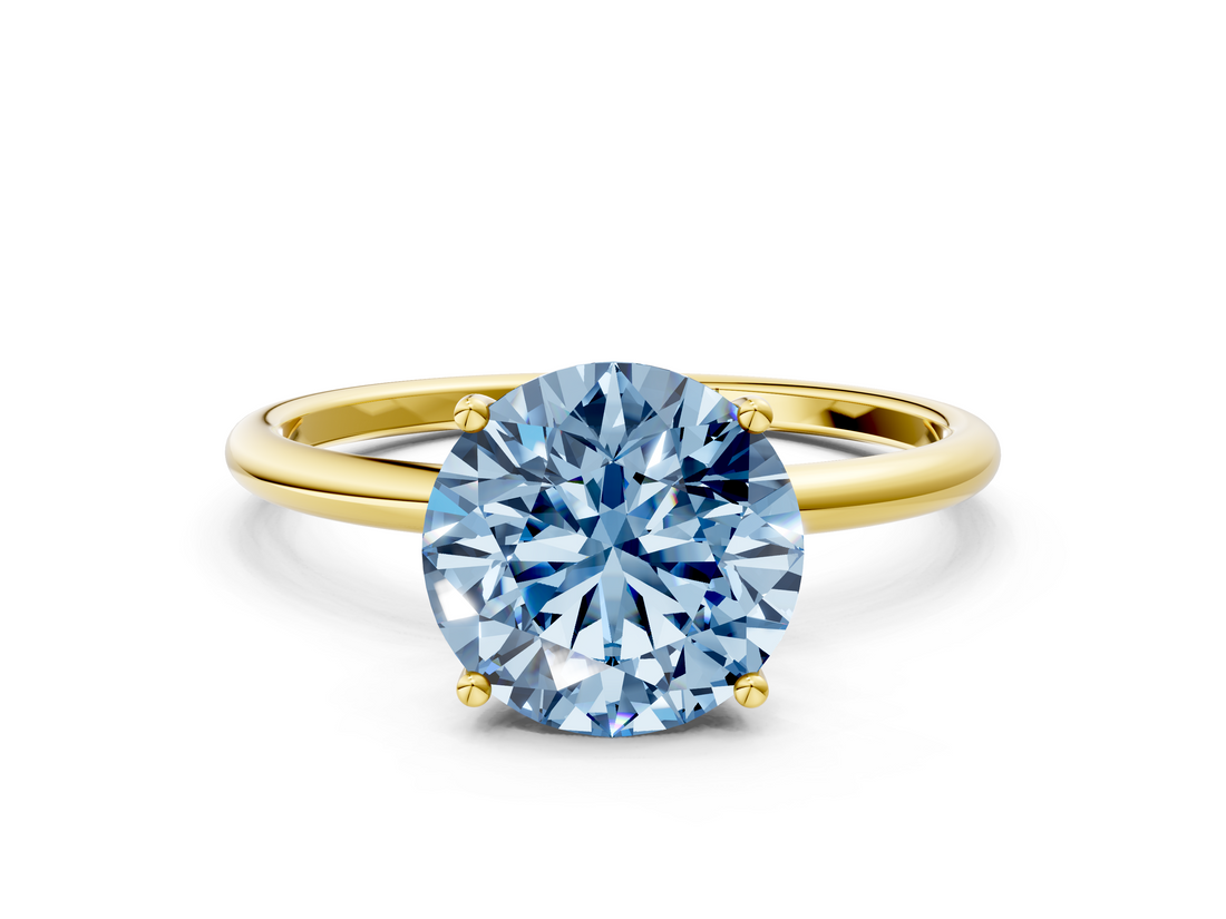 Yellow gold Fancy Blue Round  Cut Solitaire Engagement Ring with Thin Band and Four-Prong Setting_3