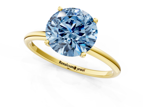 Yellow gold Fancy Blue Round  Cut Solitaire Engagement Ring with Thin Band and Four-Prong Setting