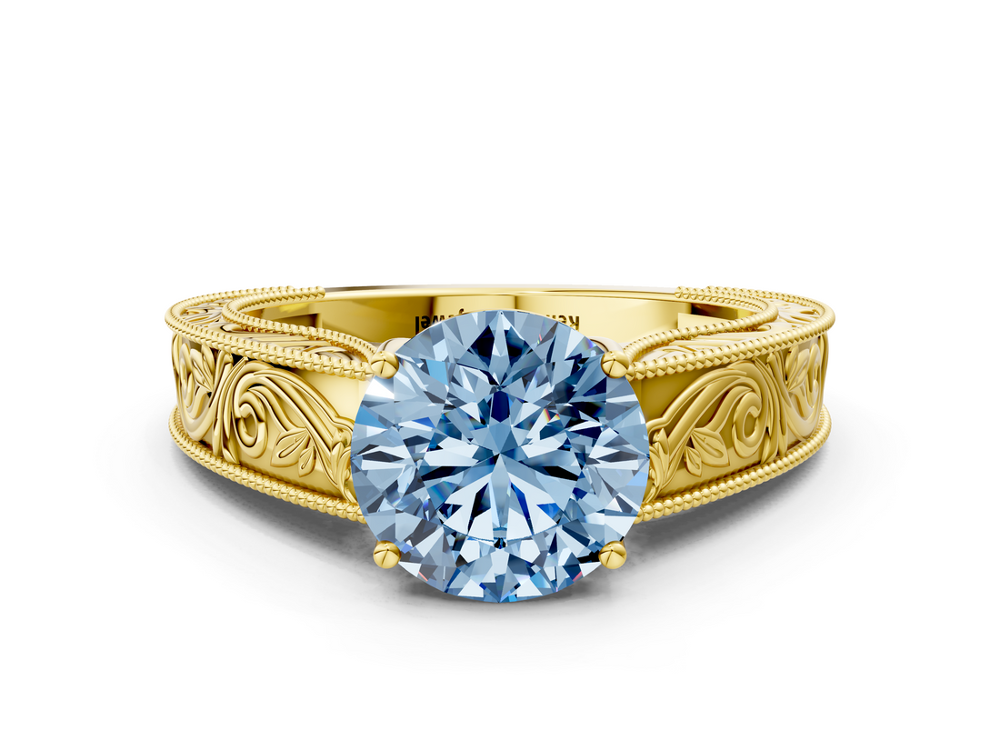 Yellow gold Fancy Blue Round  Cut Solitaire Engraved Band with Four-Prong Setting_62