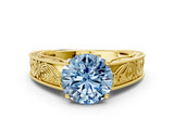 Yellow gold Fancy Blue Round  Cut Solitaire Engraved Band with Four-Prong Setting_62