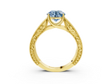Yellow gold Fancy Blue Round  Cut Solitaire Engraved Band with Four-Prong Setting_65
