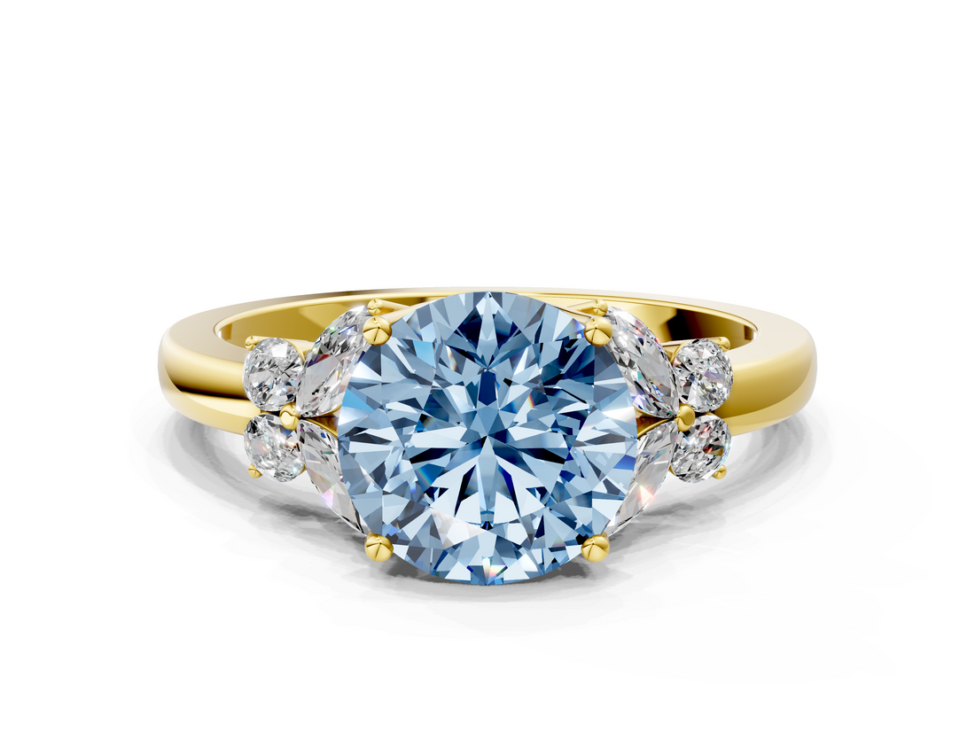 Yellow gold Fancy Blue Round  Cut Solitaire Floral Diamond Ring with Four-Prong Setting_36