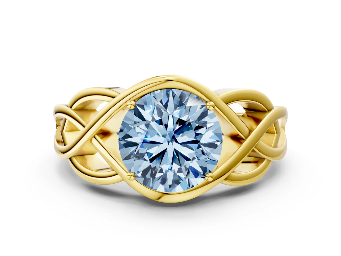 Yellow gold Fancy Blue Round Cut Solitaire Intertwined Band Prong Setting Ring