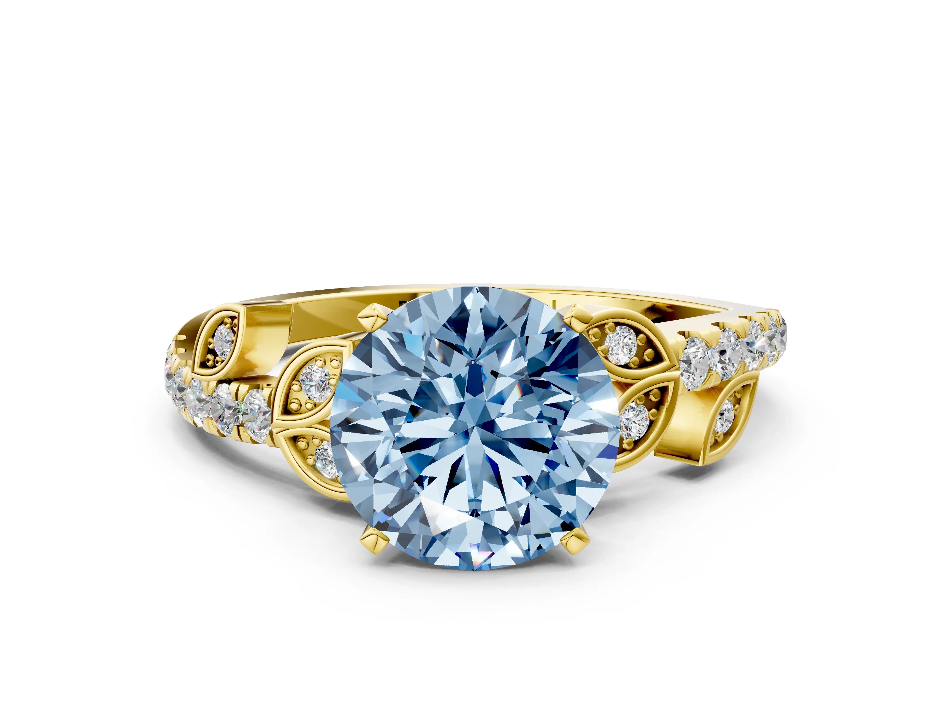 Yellow gold Fancy Blue Round Cut Solitaire Leaf-Inspired Diamond Ring with Pavé Band and Four-Prong Setting