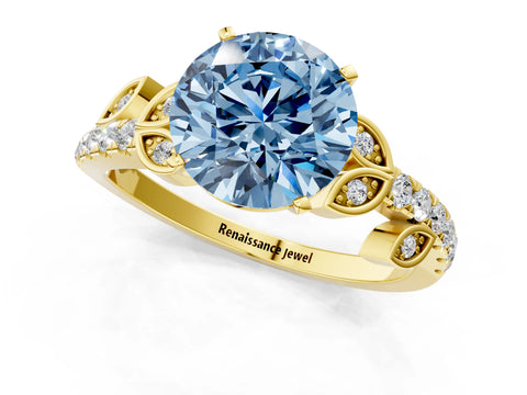 Yellow gold Fancy Blue Round Cut Solitaire Leaf-Inspired Diamond Ring with Pavé Band and Four-Prong Setting_1