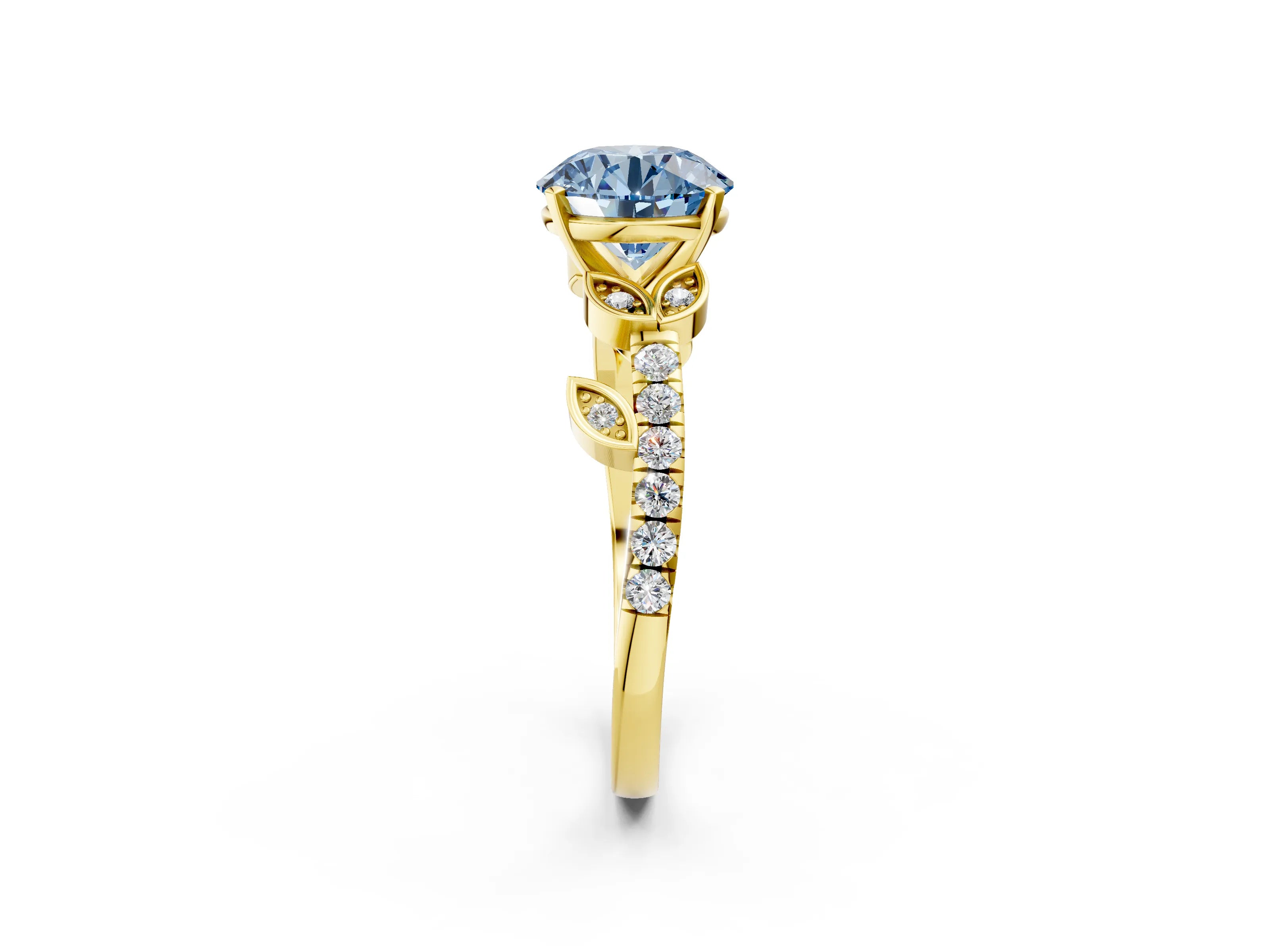 Yellow gold Fancy Blue Round Cut Solitaire Leaf-Inspired Diamond Ring with Pavé Band and Four-Prong Setting_2