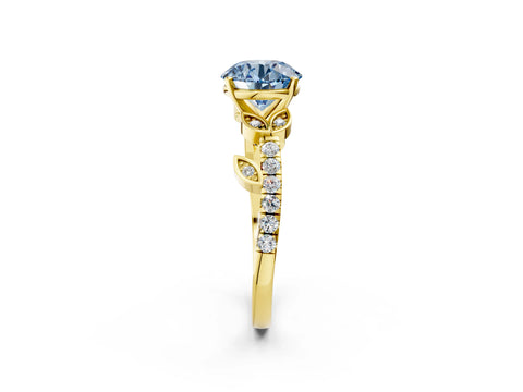 Yellow gold Fancy Blue Round Cut Solitaire Leaf-Inspired Diamond Ring with Pavé Band and Four-Prong Setting_2