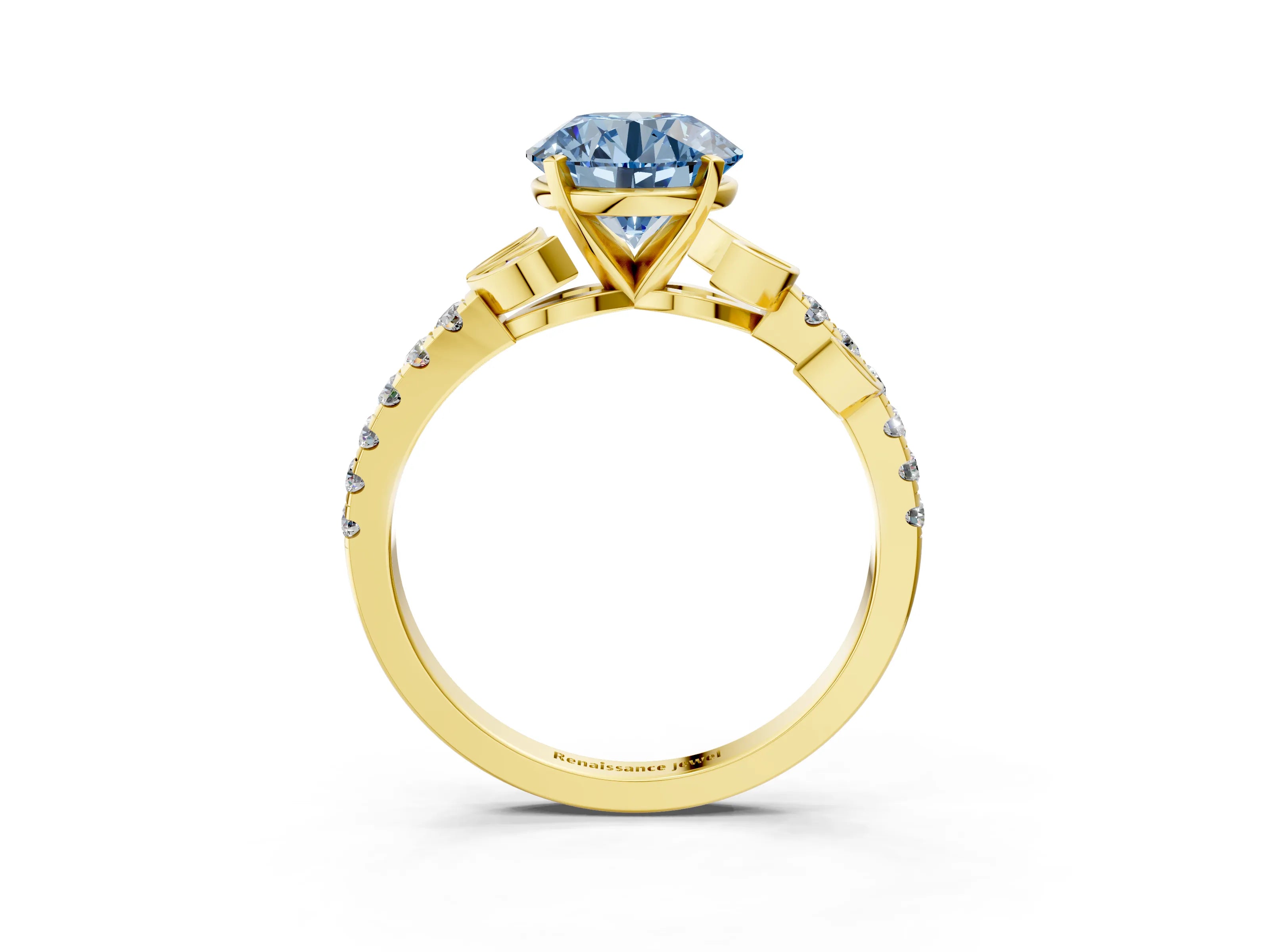 Yellow gold Fancy Blue Round Cut Solitaire Leaf-Inspired Diamond Ring with Pavé Band and Four-Prong Setting_3