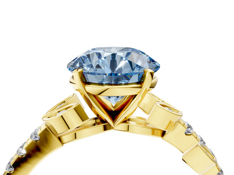 Yellow gold Fancy Blue Round Cut Solitaire Leaf-Inspired Diamond Ring with Pavé Band and Four-Prong Setting_4