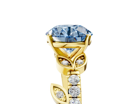 Yellow gold Fancy Blue Round Cut Solitaire Leaf-Inspired Diamond Ring with Pavé Band and Four-Prong Setting_5